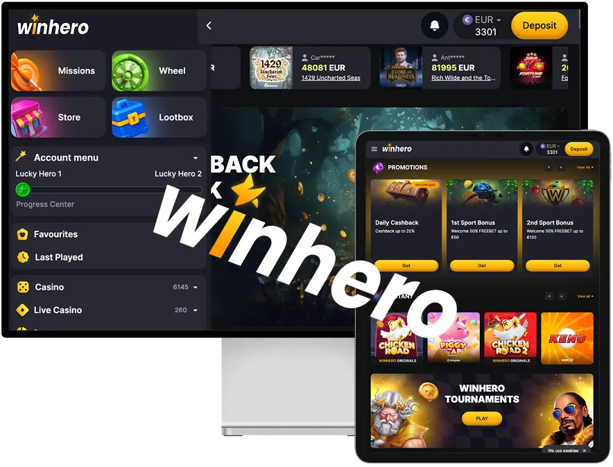 Winhero startpagina met spellen en aanbiedingen